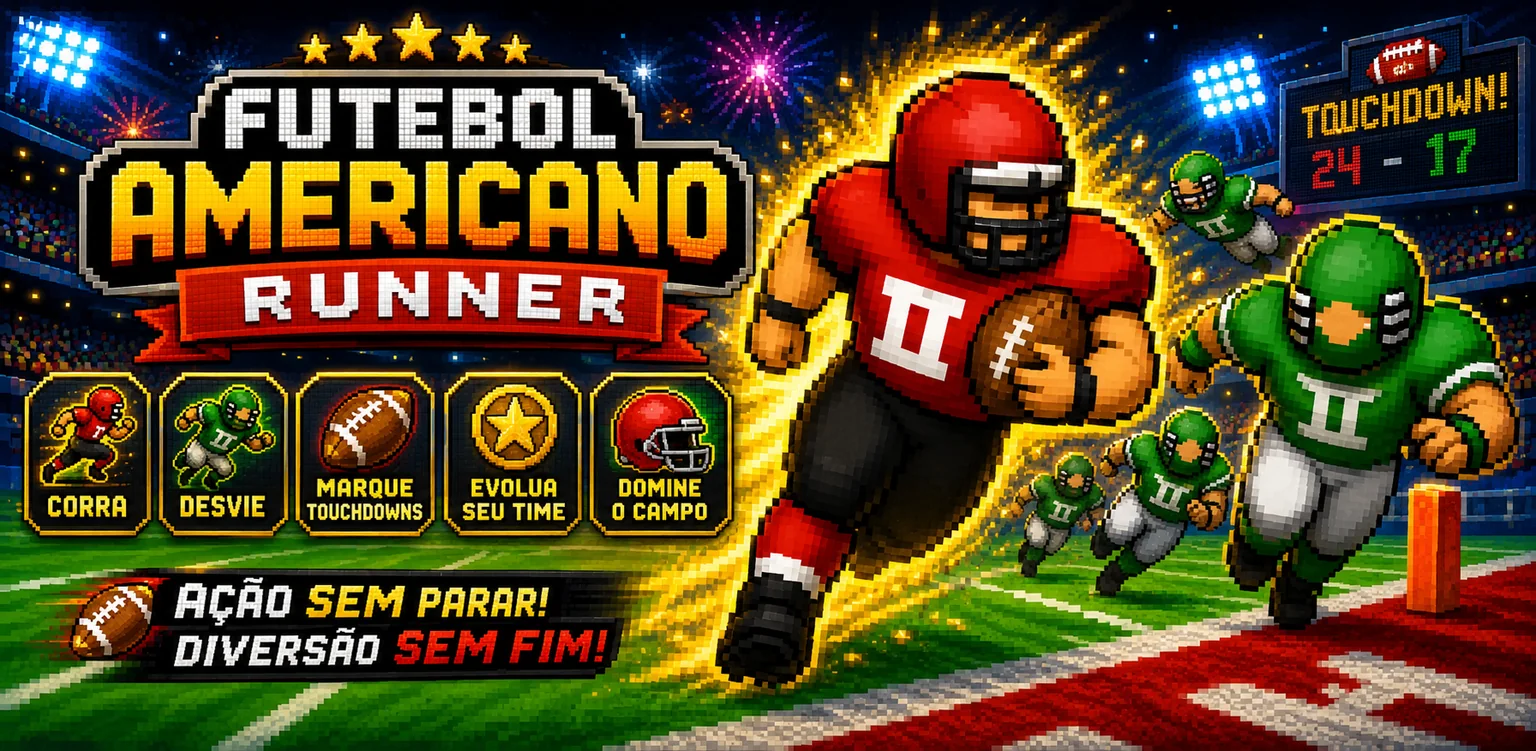 Arte promocional em pixel art do Futebol Americano Runner: jogador vermelho escapando de defensores verdes